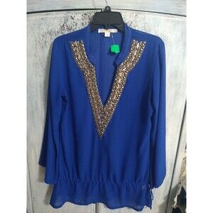 Boston Proper Sheer V-neck Embellished Long Sleeve Top Blue Classy Small